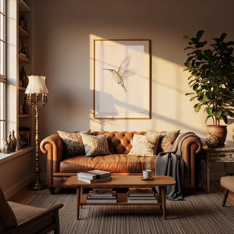 May include: A brown leather tufted sofa with patterned throw pillows and a gray knit blanket, positioned in front of a wall featuring a framed line drawing of a hummingbird. A wooden coffee table with stacked books sits in the foreground.