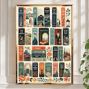 Arte mural de literatura clásica / Póster con lomo de libro vintage / Lámina de novela famosa / Decoración floral literaria para biblioteca / Obra de arte para amantes de la lectura