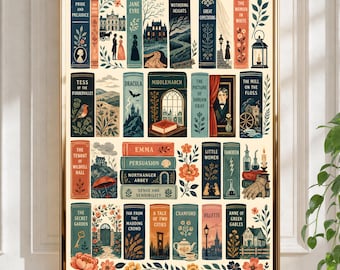 Art mural littérature classique | affiche vintage de dos de livre | Impression de roman célèbre | Décoration florale littéraire de bibliothèque | Oeuvre d'art de lecture livresque
