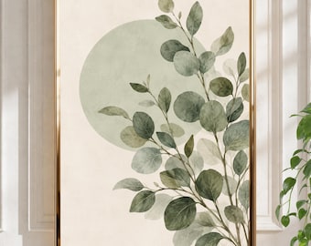 Peut inclure: Une impression d'art mural rectangulaire dans un cadre doré représentant une illustration à l'aquarelle de branches d'eucalyptus vertes superposées sur un grand cercle vert sauge pâle sur un fond crème. L'œuvre présente un feuillage botanique.