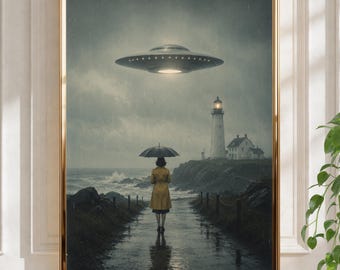 Peut inclure: Une impression d'art mural encadrée montrant une personne en imperméable jaune tenant un parapluie noir sur un chemin humide. Un OVNI métallique brillant plane dans le ciel sombre et nuageux au-dessus d'un phare côtier et d'un rivage rocheux.