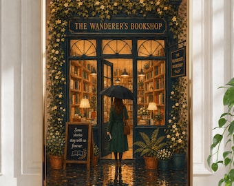 May include: A framed wall art print depicting a bookstore storefront titled The Wanderer's Bookshop. A person with an umbrella stands at the entrance. The shop is covered in climbing vines with small flowers. A sign reads Some stories stay with us forever.