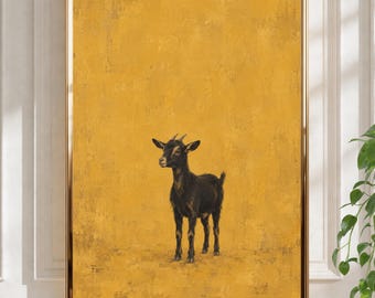 Peut inclure: Une impression d'art mural encadrée représentant une petite chèvre noire debout au centre d'un fond jaune moutarde texturé et uni. La chèvre est représentée de profil, tournée vers la gauche, avec de petites cornes et un pelage sombre.