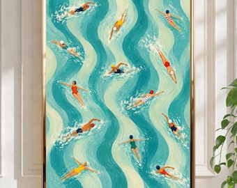 Peut inclure: Une impression d'art encadrée représentant un motif de nageurs en maillots et bonnets de bain colorés évoluant à travers des bandes verticales ondulées d'eau bleu sarcelle clair et foncé, créant une composition rythmée et dynamique.