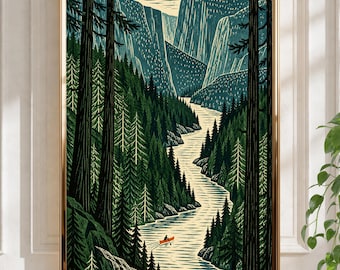 Peut inclure: Une impression d'art encadrée représentant un paysage stylisé avec une rivière sinueuse traversant une forêt dense de pins vert foncé, bordée par des falaises imposantes. Un petit canoë orange avec une personne est visible sur l'eau.