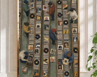 May include: A framed art print depicting an overhead view of a record store with multiple aisles filled with vinyl records. Several individuals are shown browsing through the collections, holding and examining various album covers.