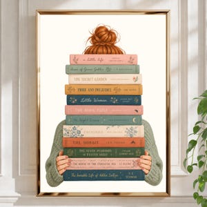 May include: A digital illustration of a person with a messy ginger bun holding a stack of twelve books. The books feature titles including A Little Life, Anne of Green Gables, The Secret Garden, Pride and Prejudice, Little Women, The Book Thief, The Night Circus, Pachinko, The Hobbit, The Seven Husbands of Evelyn Hugo, The House in the Cerulean Sea, and The Invisible Life of Addie LaRue.