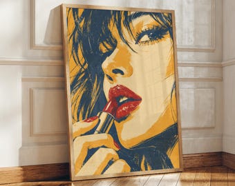 Peut inclure: Une impression d'art mural rectangulaire verticale représentant une illustration stylisée d'une personne appliquant un rouge à lèvres rouge vif. L'œuvre utilise une palette de couleurs contrastées bleu marine, jaune doré et rouge.