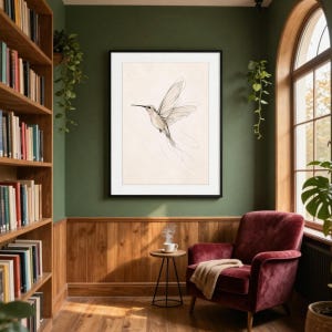 May include: A framed wall art print featuring a delicate black line drawing of a hummingbird in flight against a light beige background, displayed in a room with green walls, a wooden bookshelf, and a deep red armchair.