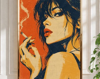 Peut inclure: Une impression d'art mural encadrée représentant une illustration stylisée d'une personne aux cheveux foncés et aux lèvres rouges tenant une cigarette allumée. Le fond est orange vif, avec des tons bleu foncé, jaune et orange.