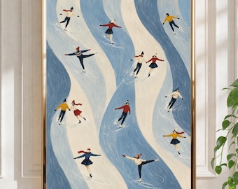 Peut inclure: Une impression d'art mural encadrée représentant une peinture stylisée de plusieurs personnages faisant du patin à glace sur des chemins ondulés alternant bleu clair et crème. Les patineurs portent des vêtements d'hiver colorés.