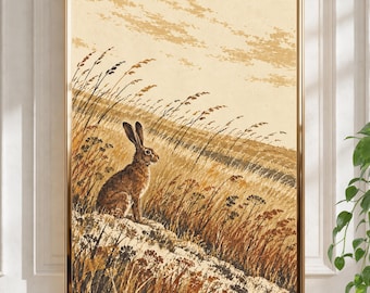 Peut inclure: Une impression d'art mural encadrée représentant un lièvre brun assis sur une colline herbeuse. La scène est rendue dans des tons de beige, de brun foncé et de crème, avec des herbes hautes et des épis de blé agités par le vent.