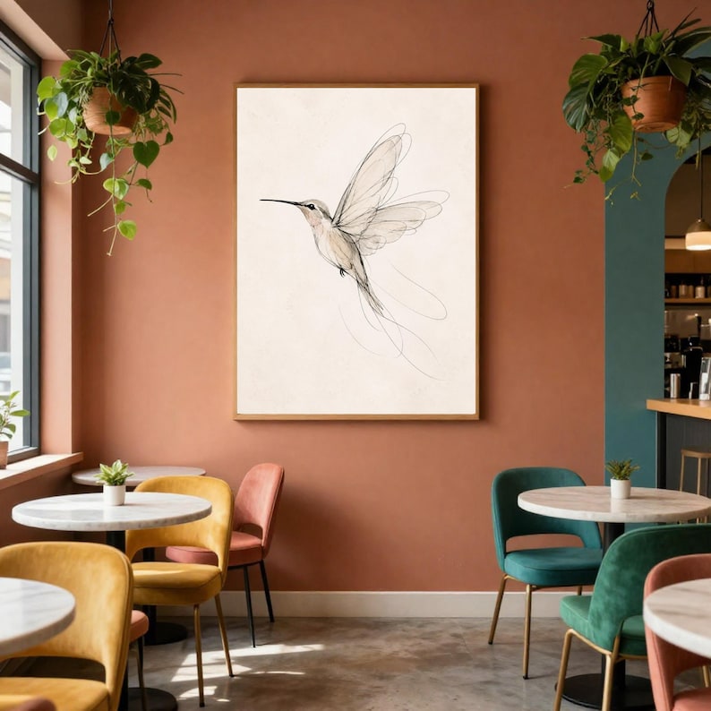May include: A framed wall art print featuring a delicate, fine-line ink drawing of a hummingbird in flight. The bird is rendered in thin, flowing black lines against a solid, light cream-colored background, capturing the motion of its wings.