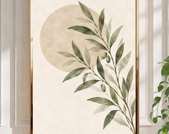 Peut inclure: Une impression d'art mural verticale encadrée représentant une illustration à l'aquarelle d'une branche d'olivier avec des feuilles vertes et de petites olives. La branche est placée devant un grand cercle beige pâle sur un fond crème.
