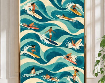 Peut inclure: Une impression d'art verticale encadrée présentant un motif répétitif de surfeurs chevauchant des vagues océaniques stylisées dans des tons bleu profond, sarcelle et crème. Plusieurs personnages sont représentés sur des planches.