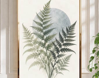 Peut inclure: Une impression d'art encadrée représentant une illustration à l'aquarelle de frondes de fougère vertes superposées sur une grande forme circulaire bleu pâle. L'œuvre est sur un fond crème et entourée d'un cadre fin en métal doré.