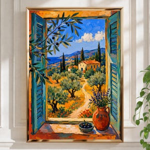 May include: An oil painting depicting a Mediterranean landscape viewed through an open window with blue shutters. The scene features a stone house, olive trees, a winding path, and a terracotta vase with lavender on the windowsill next to olives.