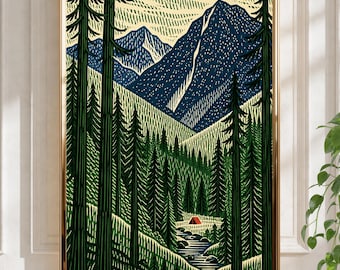 Peut inclure: Une impression d'art mural encadrée représentant une illustration de paysage stylisée. La scène montre une forêt dense de pins vert foncé, une rivière bleue sinueuse et une petite tente rouge nichée dans la vallée sous des montagnes bleu foncé.