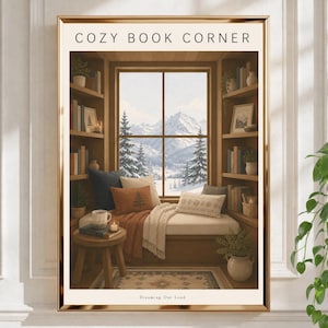 May include: A framed wall art print titled COZY BOOK CORNER and Dreaming Out Loud, featuring a window seat with bookshelves, pillows, a throw blanket, and a small wooden table. The view through the window shows snow-covered mountains and pine trees.