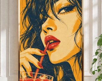 Peut inclure: Une impression d'art mural encadrée représentant une illustration stylisée d'une personne aux cheveux foncés, portant un rouge à lèvres rouge vif et tenant une paille rouge sur ses lèvres. La personne boit dans un verre rempli d'un liquide rouge. La palette de couleurs se compose de bleu marine profond, de jaune vif et de tons rouges audacieux, créant un effet graphique contrasté.
