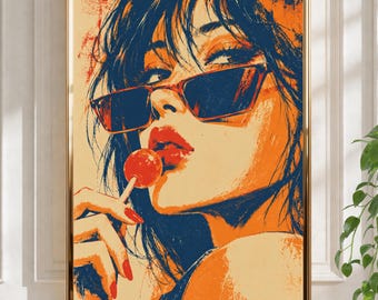 Peut inclure: Un portrait pop art stylisé d'une personne aux cheveux sombres portant des lunettes de soleil rectangulaires et tenant une sucette rouge contre ses lèvres. L'œuvre présente une palette de couleurs contrastées orange vif, bleu marine et rouge.