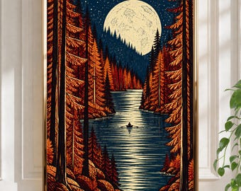 Peut inclure: Une impression d'art mural encadrée représentant une scène nocturne avec une grande lune jaune pâle au-dessus d'un lac bleu foncé. Un petit bateau avec une personne qui rame est centré sur l'eau. Des pins aux tons orange encadrent le paysage.