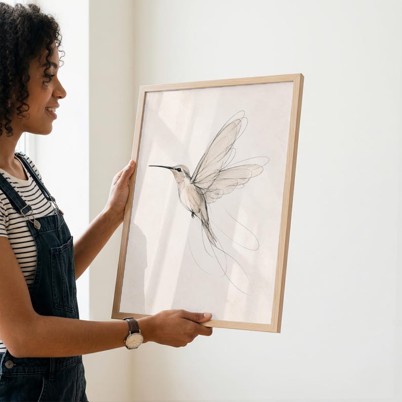 May include: A framed wall art print featuring a delicate, minimalist line drawing of a hummingbird in flight. The artwork uses thin, fluid black ink strokes on a light, off-white background, encased in a simple, light-toned wooden frame.