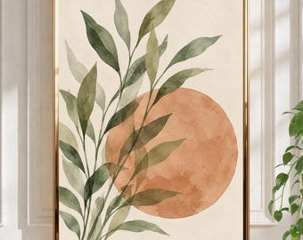 Peut inclure: Une impression d'art encadrée représentant une illustration à l'aquarelle de branches feuillues vertes chevauchant un grand cercle de couleur terre cuite sur un fond crème. L'œuvre est entourée d'un cadre fin de couleur or métallique.