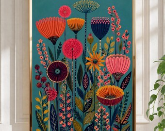 May include: A framed vertical wall art print featuring a stylized botanical illustration on a teal background. The artwork displays various tall flowers in shades of orange, pink, dark purple, and yellow, accompanied by intricate green foliage.