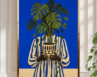 Botanical Woman Wall Art | African Woman Print | Monstera Plant Poster | Cobalt Blue Portrait | Modern Striped Dress Artwork