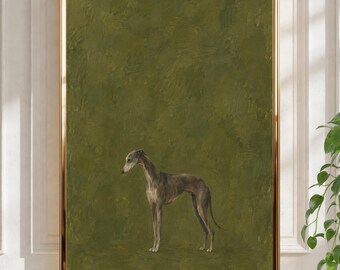 Peut inclure: Une impression d'art encadrée représentant un lévrier debout de profil sur un fond vert olive texturé et uni. L'œuvre est entourée d'un cadre fin en métal doré, mettant en valeur la silhouette élancée du chien.