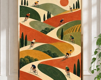 Peut inclure: Une impression d'art encadrée représentant une route sinueuse à travers des collines vallonnées dans des tons terre cuite, vert olive et jaune moutarde. Plusieurs cyclistes en maillots colorés roulent sous un grand soleil orange.