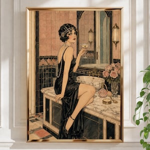 May include: A vintage-style illustration of a person with dark hair in a black evening gown, wearing a pearl necklace and headpiece. They are sitting on a marble vanity counter in a bathroom, holding a cocktail glass near a sink and mirror.