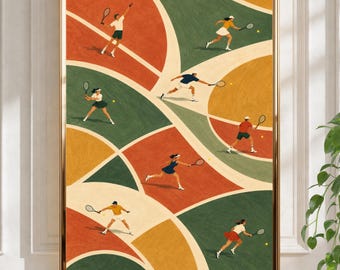 Peut inclure: Une impression d'art mural encadrée représentant plusieurs joueurs de tennis dans diverses poses d'action sur un fond segmenté de formes courbes dans des tons terre cuite, vert forêt et jaune moutarde, avec des balles de tennis éparpillées.
