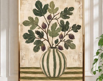 May include: A framed painting depicting a fig branch with dark green leaves and purple figs arranged in a round, vertically striped green and cream vase. The vase sits on a surface with horizontal green and cream stripes against a textured background.
