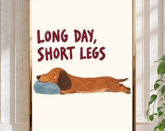 Peut inclure: Une affiche encadrée représentant un teckel brun posant sa tête sur un coussin bleu. Le texte au-dessus du chien indique LONG DAY, SHORT LEGS, en lettres rouge foncé sur un fond crème, le tout dans un cadre de couleur dorée.