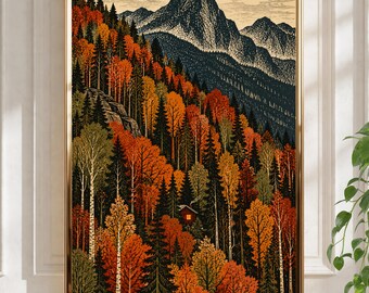 Peut inclure: Une impression d'art verticale encadrée représentant une forêt dense en automne avec un feuillage orange, rouge et jaune vif. Un petit chalet avec une fenêtre éclairée est niché parmi les arbres sous des sommets montagneux sombres.