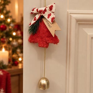 May include: A red fuzzy tree-shaped ornament hanging from a gold chain. It features a white bow with red heart patterns, a small green pine sprig, and a tan paper tag with the text Christmas. A smooth gold bell hangs from the bottom of the ornament.
