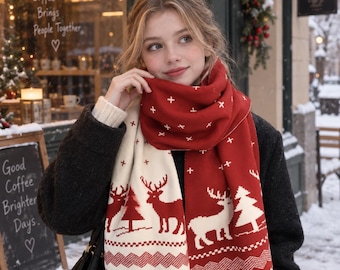 Christmas Knit Scarf, Nordic Winter Scarf, Couple Matching Holiday Scarf, Handmade Cozy Christmas Gift, Red Green Black Scarf