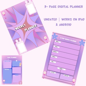 Puede incluir: Planificador digital con un tema morado y rosa. La imagen muestra un planificador semanal, un planificador diario y un planificador semanal K-Pop. El texto de la imagen dice "9-PAGE DIGITAL PLANNER", "UNDATED | WORKS ON IPAD & ANDROID", "WEEKLY PLANNER", "DAILY PLANNER" y "K-POP WEEKLY PLANNER".