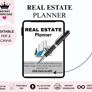 Puede incluir: Un diseño digital de planificador inmobiliario con el texto "REAL ESTATE PLANNER" en la pantalla de una tableta. Un bolígrafo negro descansa sobre la pantalla. El diseño incluye iconos para descarga instantánea, PDF y Canva editables, y tamaños A4, US Letter y A5.