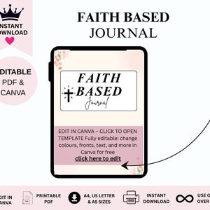 Può includere: Grafica digitale per un "Faith Based Journal". Il design presenta il testo "Faith Based Journal" con un simbolo a croce. L'immagine include anche il testo "Edit in Canva" e "Instant Download". La combinazione di colori è principalmente rosa e bianco.