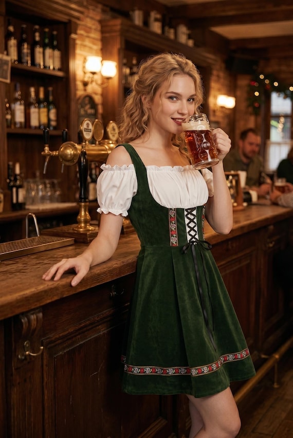 Forest Green Velvet Bavarian Dress, Embroidered Bodice, Oktoberfest Style Mini-Dress