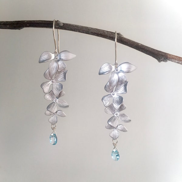 Aquamarine Silver Dangle Earrings | March Birthstone | Long Orchid Silver Earrings | Long Flower Earrings | Aquamarine Jewelry