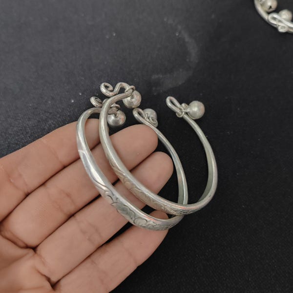 Vintage Tibetan Silver Bell Bangles with Peony Engraving-Open Cuff Pair