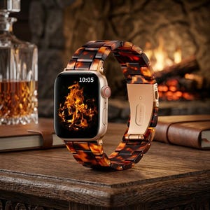 May include: A gold smartwatch with a tortoiseshell band rests on a wooden surface. The watch face displays the time as 10:05 and a flame graphic. A bottle of amber liquid and a leather-bound book are in the background.