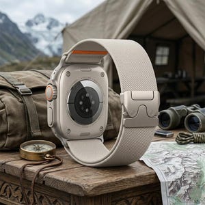 May include: A smartwatch with a light beige textured strap and a metallic buckle. The watch case is silver with an orange accent on the side button. The back of the watch features a circular sensor array and engraved text around the perimeter.