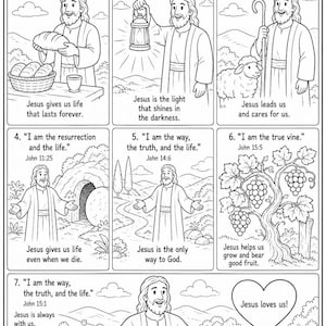 May include: A black and white coloring page titled The Seven I Am Statements of Jesus, featuring seven illustrated panels depicting biblical scenes with text, scripture references, and a heart shape, designed for educational or religious activity.