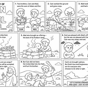 May include: Black and white illustrated comic strip telling the story of Cain and Abel. The panels depict the brothers, their offerings, and the consequences of their actions. Text includes "The Story of Cain and Abel."