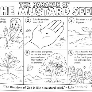 May include: Black and white comic strip illustration of the parable of the mustard seed. The six panels show Jesus, a seed, a growing plant, and a tree with birds. The text includes a Bible verse about the Kingdom of God.